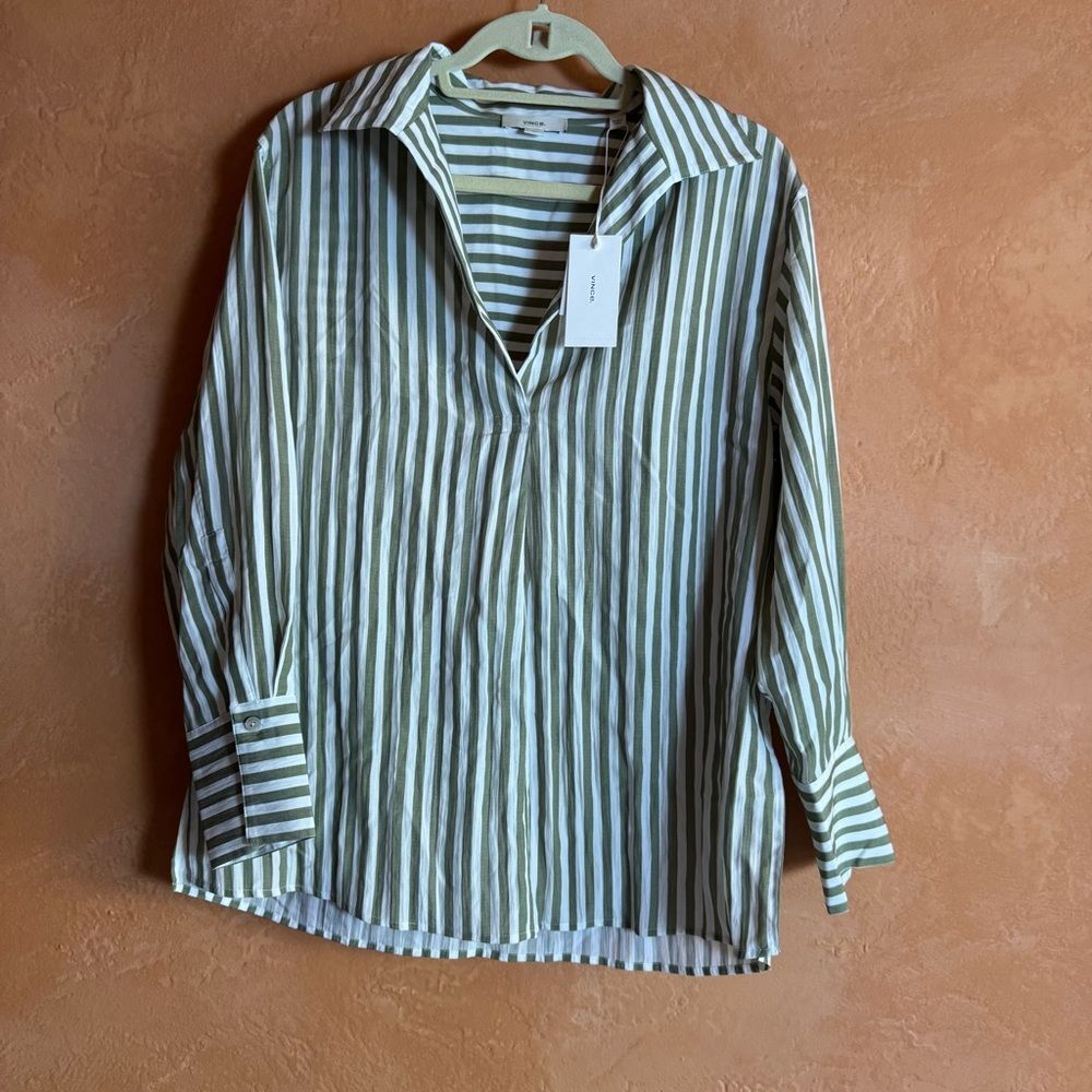 NWT Vince Green White Striped Blouse Silk Feel Popover Top Size S